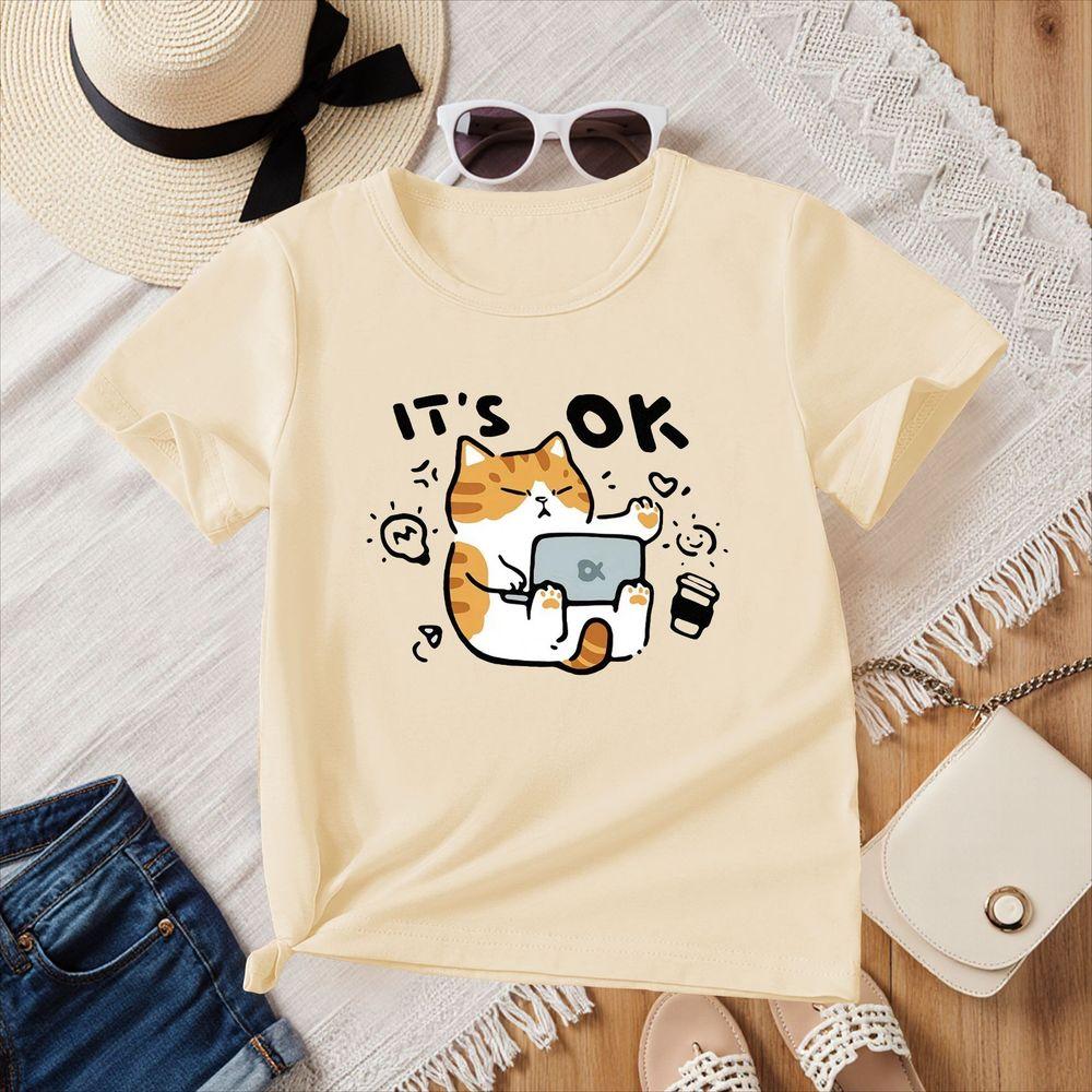 Cute Cat Print T-Shirt Casual Breathable Y2k Fit Summer Short Sleeve Round Neck Soft Comfortable Daily Basic Tops