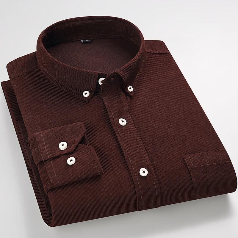 Men Velvet Corduroy Sleeved Shirt Casual Top Loose Pure Color Dad Clothing Suitable Middle-aged Elderly