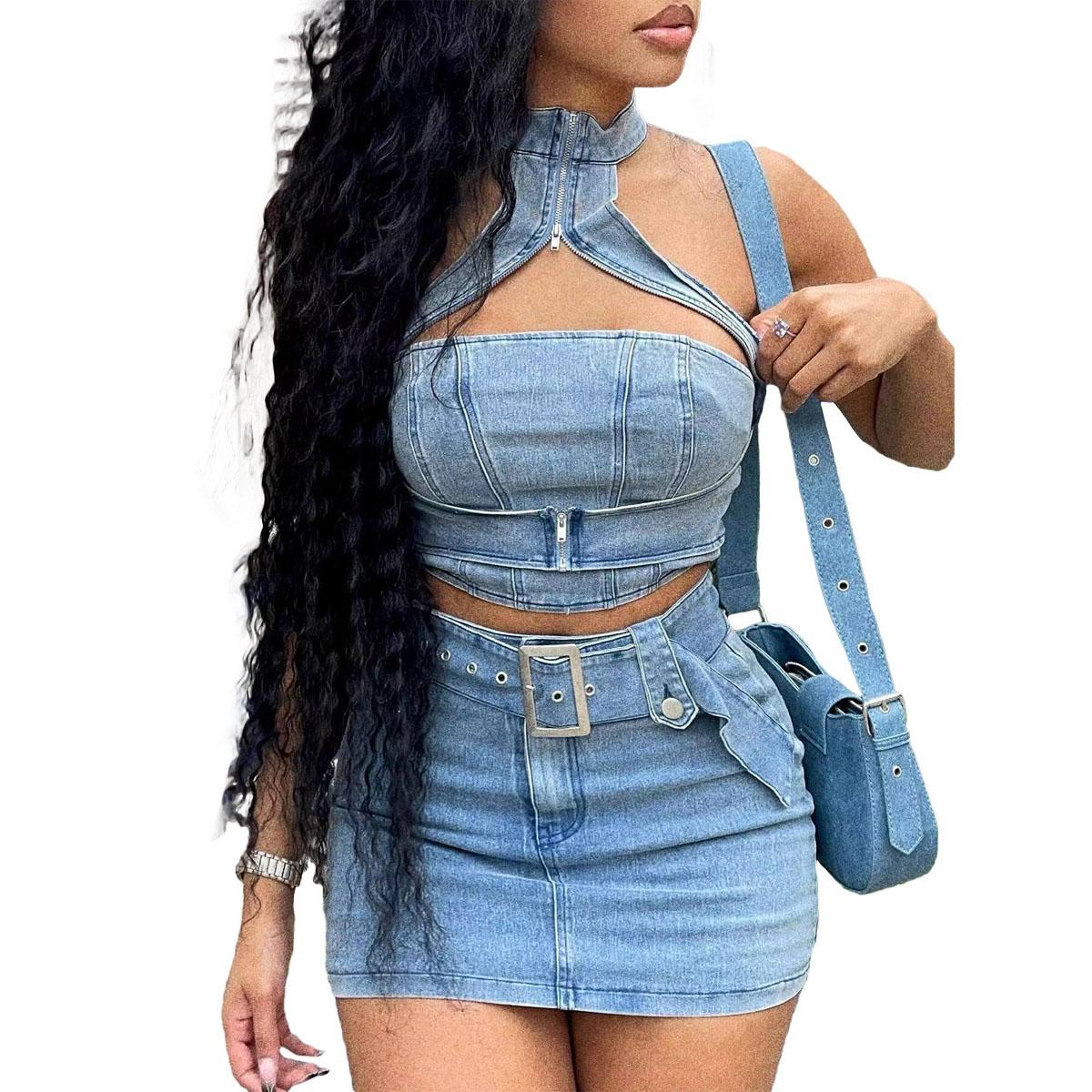 

Женский комплект из джинсовой мини-юбки с вырезом, сексуальный женский элегантный комплект из двух джинсов, клубный комплект из топа и юбки-карго L синий