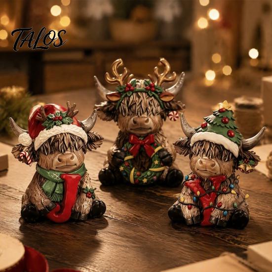 Indoor Holiday Scene Decorations 2/3Pcs Christmas Highland Cow Wooden Tabletop Sign, 2D Flat Yak Ornament Figurine with Garland Bow Hat, Festive