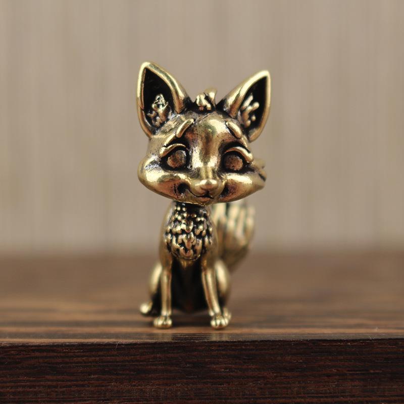 Brass Fox Statue Cute Fox Miniature Figurines Desk Ornament Decorations Accessories Copper Animal Sculpture Home Decor Crafts