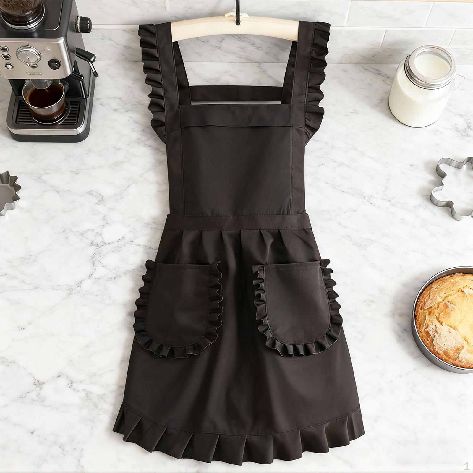 

Регульований ретро фартух з рюшами для кулінарії, домашніх справ та жінок;s Діяльності; Ідеальні Кафе чорний