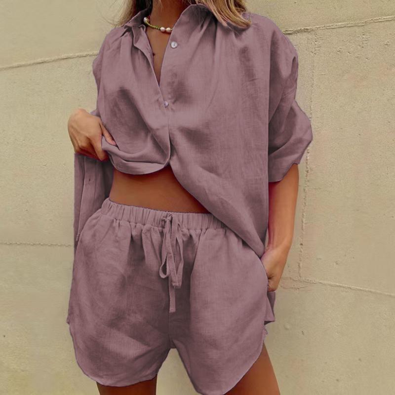 Summer Women's Solid Color Single-breasted Short-sleeved Shirt Two-piece Wide-leg Pants  Shorts