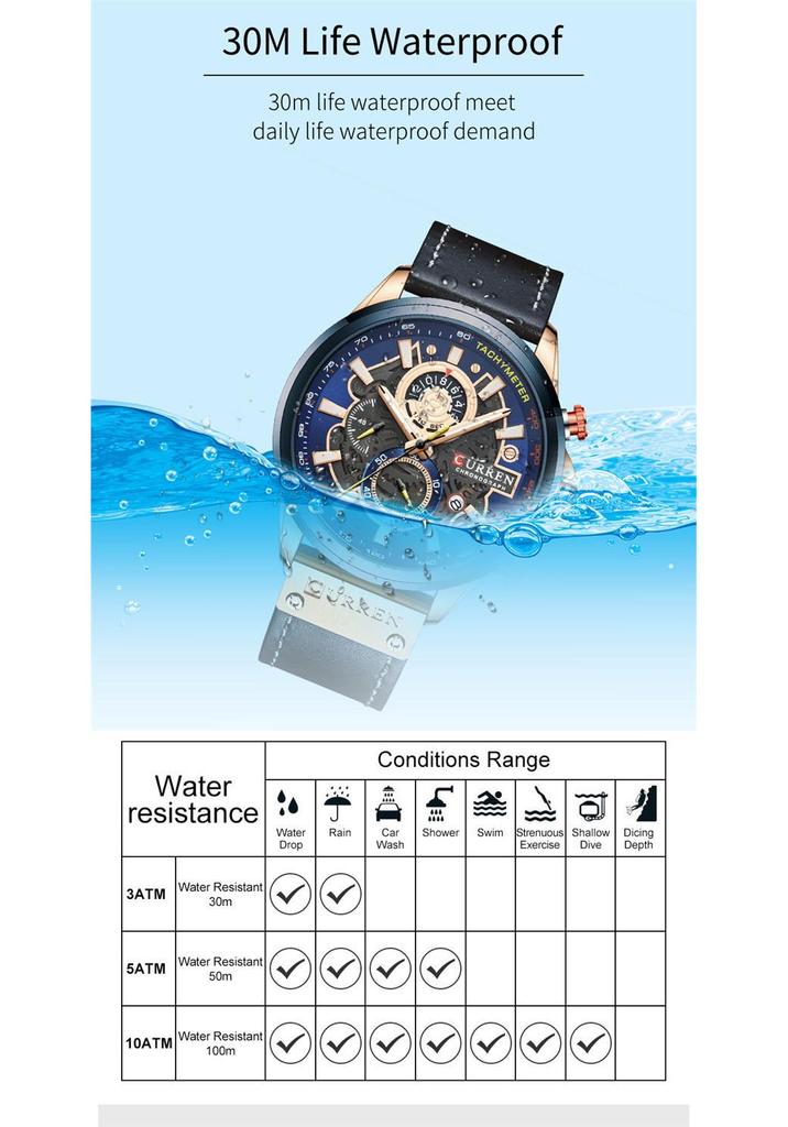Curren 8380 Men's Waterproof Multifunctional Quartz Sports Watch with Leather Strap and Calendar
