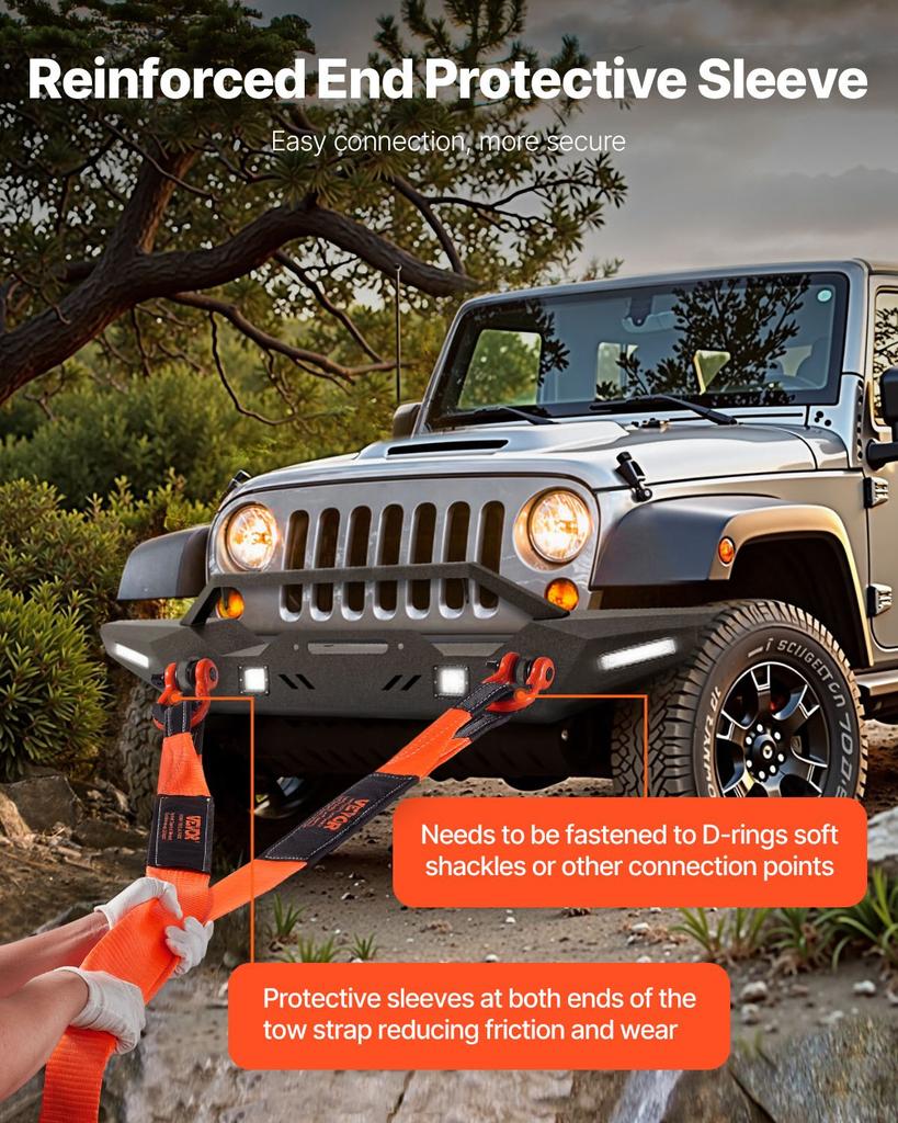 VEVOR Recovery Tow Strap 76.2 Mm, 2.4 M 16329 Kg Break Strength, Triple Reinforced Loop Straps, Tree Saver, Winch Line Extension Strap