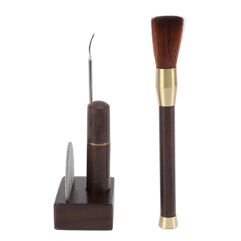 Coffee Powder Distributor Kit Stainless Steel Needle Wood Handle Brush Coffee Stirring Tool with Storage Base