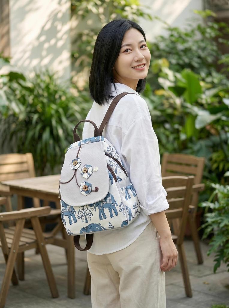 Handgewebter Canvas-Rucksack im Ethno-Stil mit Elefantenstickerei für Freizeit, Reisen und Studenten