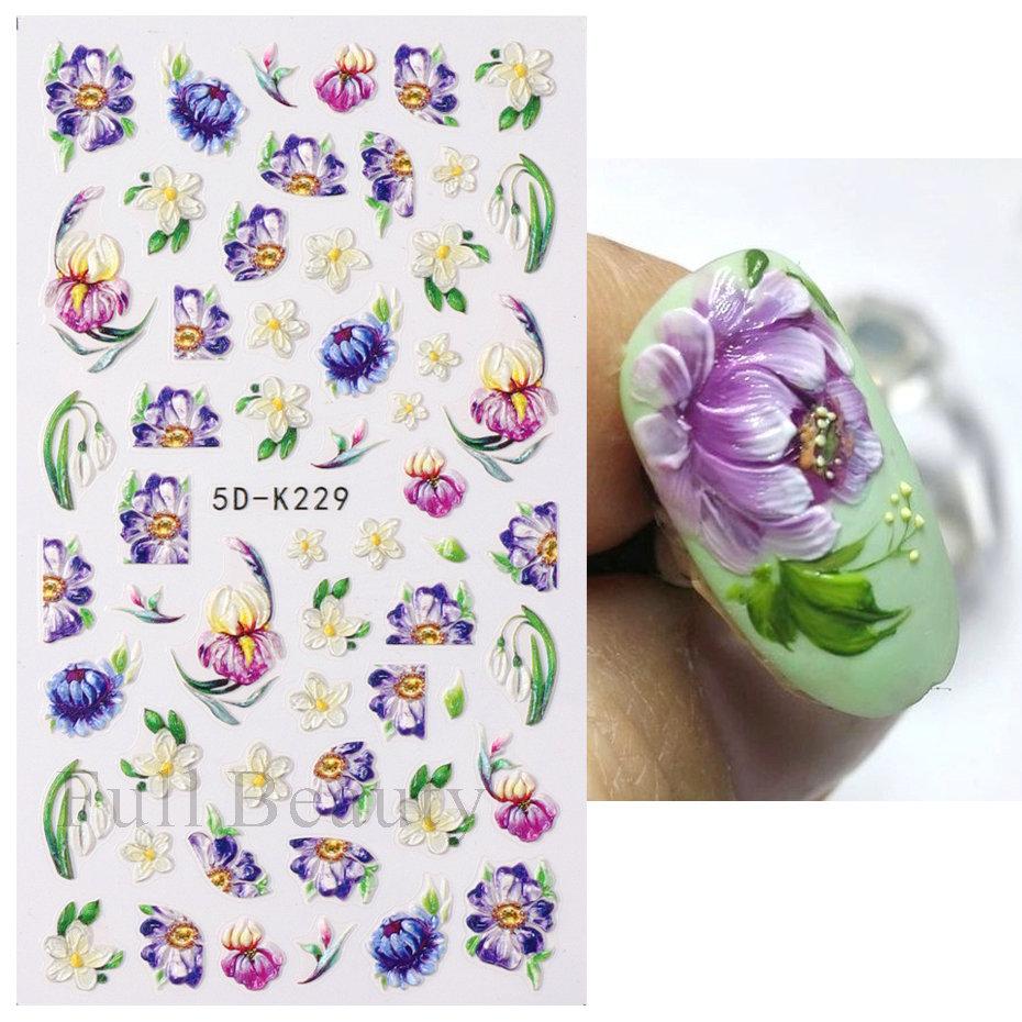 Yellow Mimosa 5D Nail Stickers Embossed Flowers Nails Decals Decor Acrylic Adhesive Sliders Spring Daisy Manicure LA5D-K228