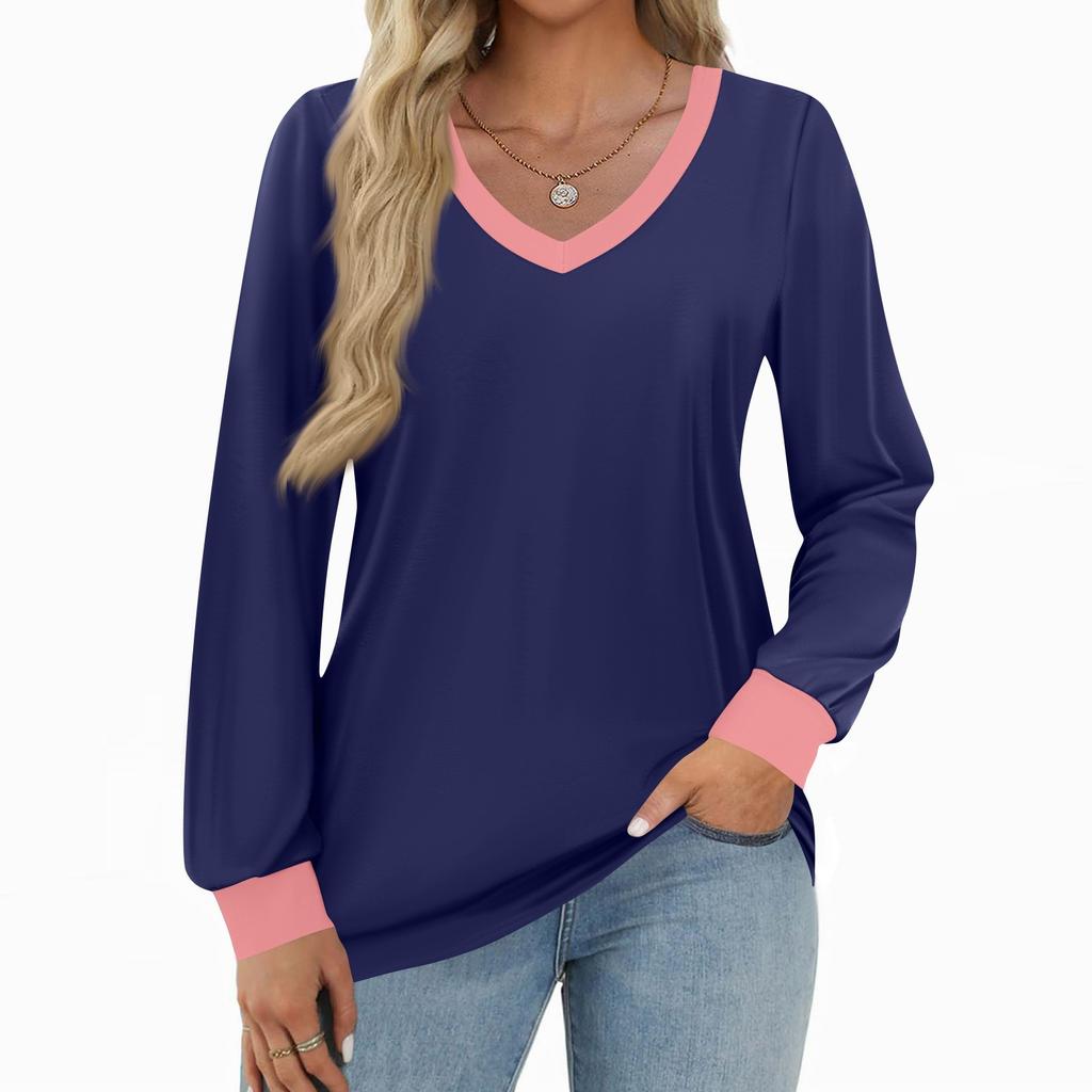 Women's Fashion Casual Long Sleeve Color Block Shirt Women's V-Neck Tops