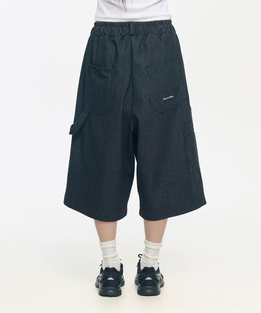 SLOW RECORD HOUSE Carpenter Bermuda Stripe Wide Denim Pants_Black