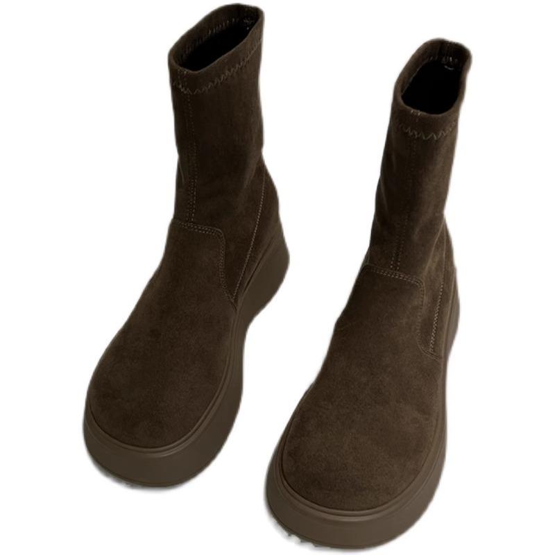 Thick-soled Elastic Boots Women's Winter Velvet 2024 New Internet Celebrity Versatile One-pedal Knight Boots Popular Short Boots