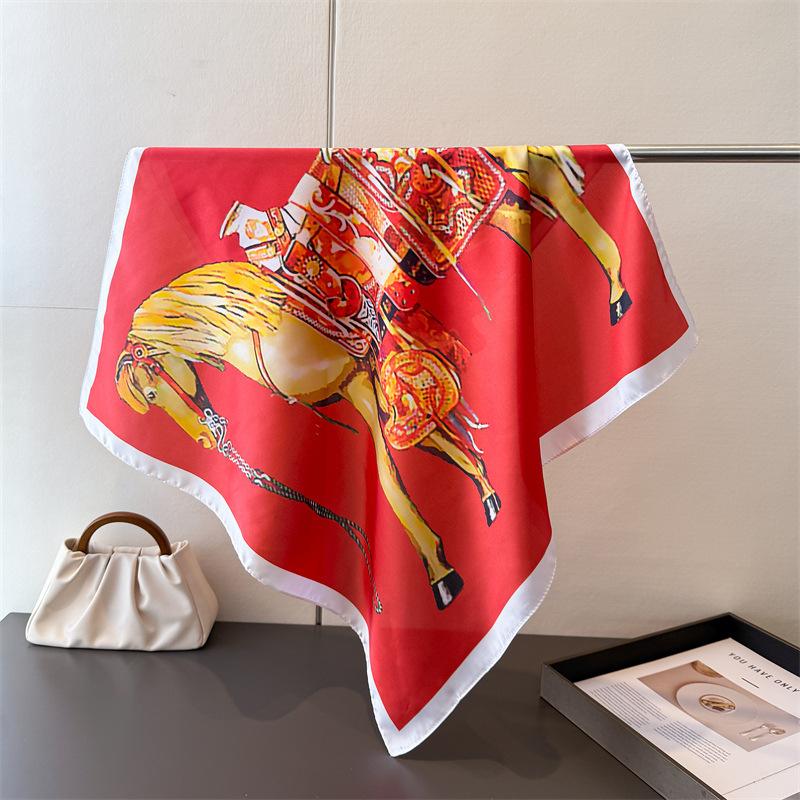 Luxury Horse Lightweight Faux Silk Printed 70cm Small Square Scarf Shawl Neck Scarf High-End Fashion Neck Head Wrap Scarf