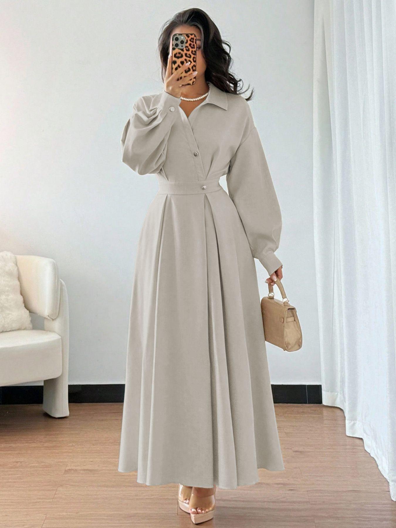 

2025 European and American Autumn/Winter French Lapel Long Sleeve Waist-Cinching Dress 6622 L білий