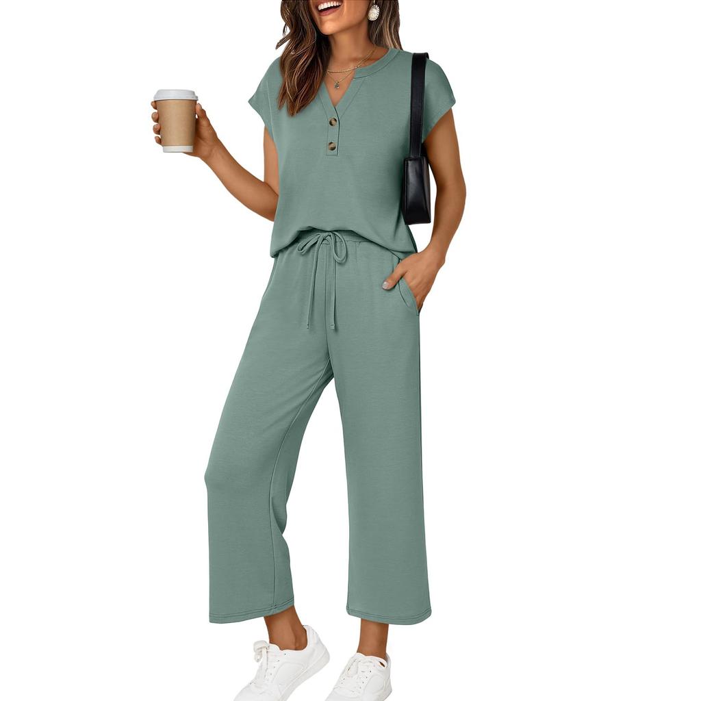 Women's Fashionable Casual Comfortable -Colour Small V-Neck Button-Front Short-Sleeved Two-Piece Suit