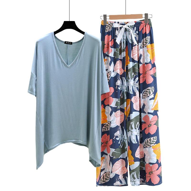 irregular Tshirt and floral wide leg pants summer women's casual pajamas sets Short sleeve homewear suit Loose lightweight Loungwear Plus size