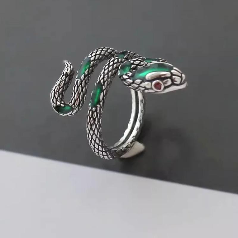 925 Silver Rings For Women Vintage Handmade Adjustable Retro Green Snake Ring Fashion Band Female Bijoux Gift