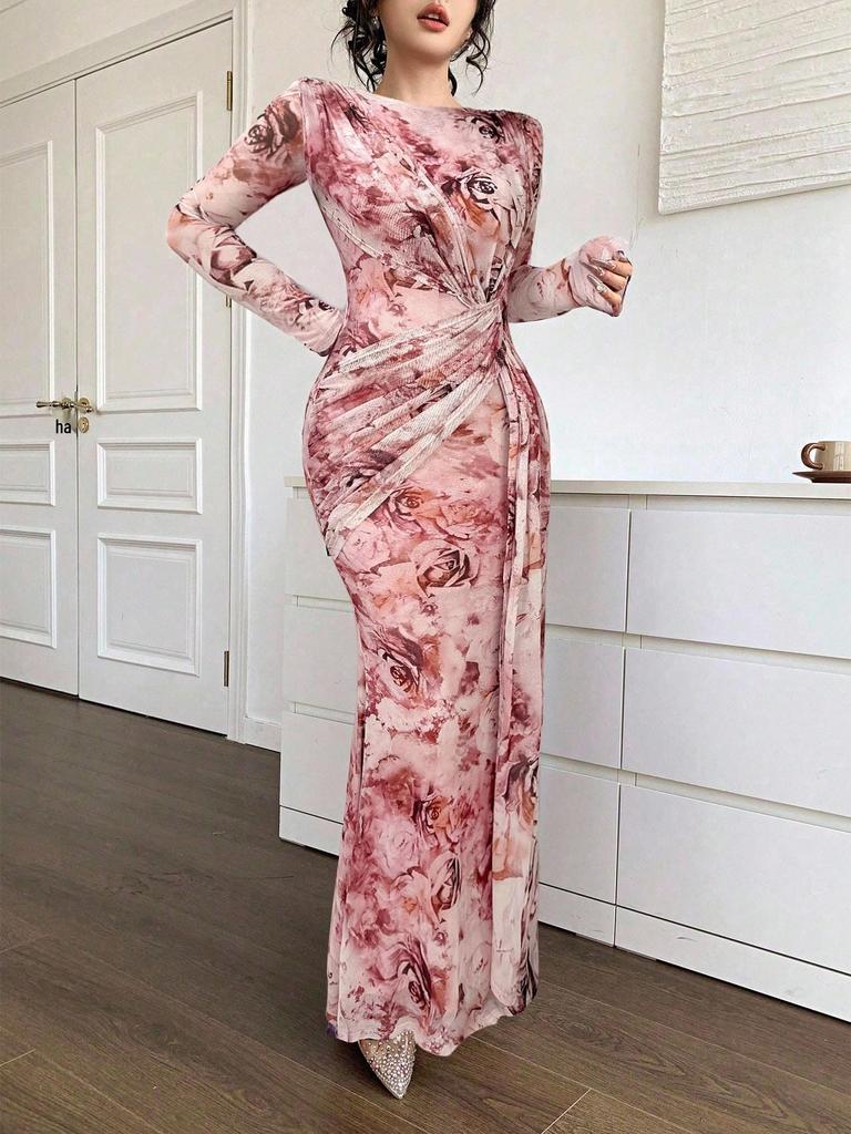 2025 Summer European & American U-Neck Long Sleeve Patchwork Slim Fit Printed Women's Dress