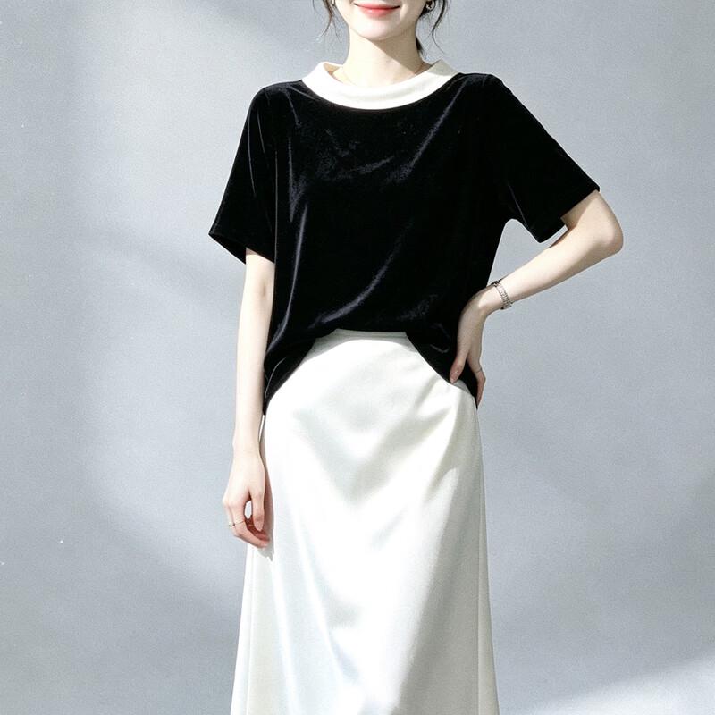 Women's Mulberry Silk Velvet Color-block Short Sleeve T-shirt