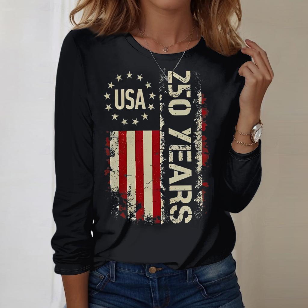 Damen Casual Langarm Rundhals Oberteil Unabhängigkeitstag Blumenprint Leichter Pullover für den Alltag
