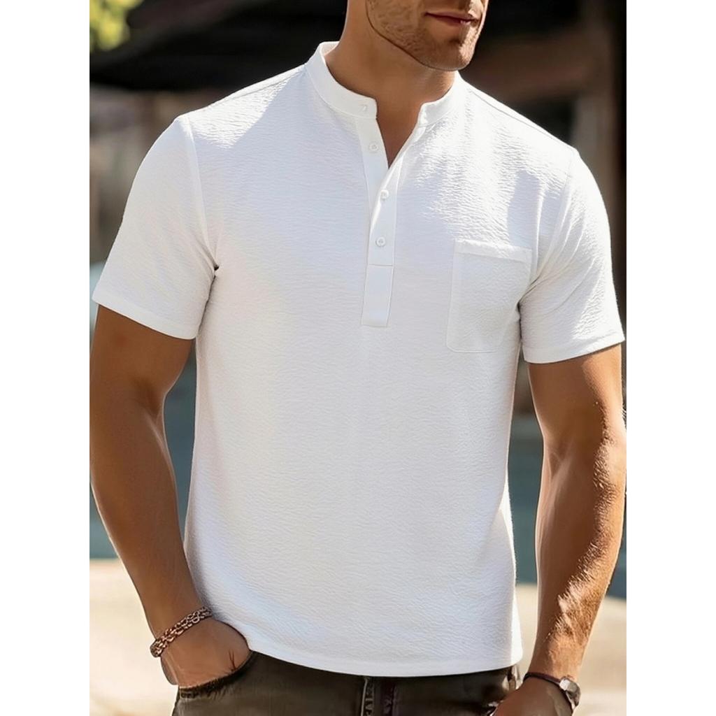 Men's Casual Fashionable -color Single-pocket Short-sleeved T-shirt - Men's Checkered Texture Stand-up Collar Short-sleeved T-shirt