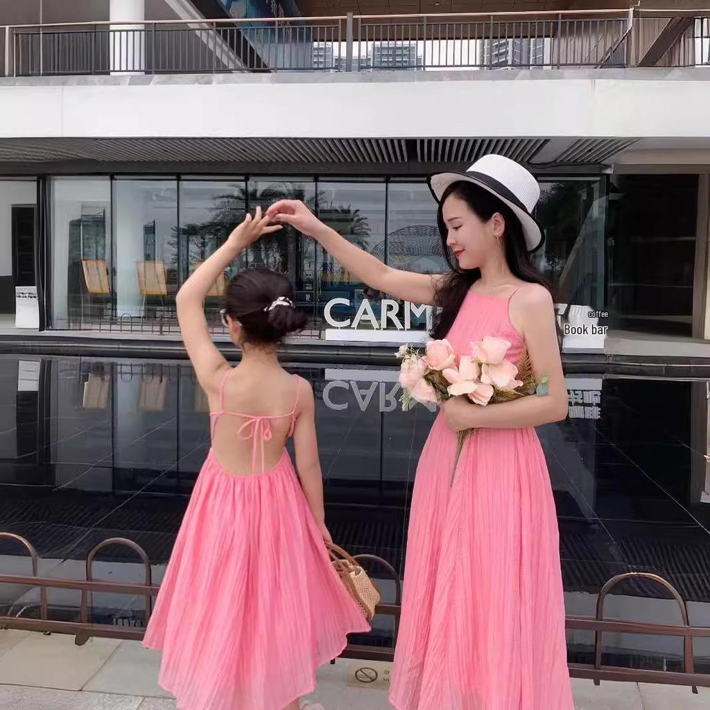 2024 Summer Mother-Daughter Backless Tie-Up Fairy Skirt Beach Dress