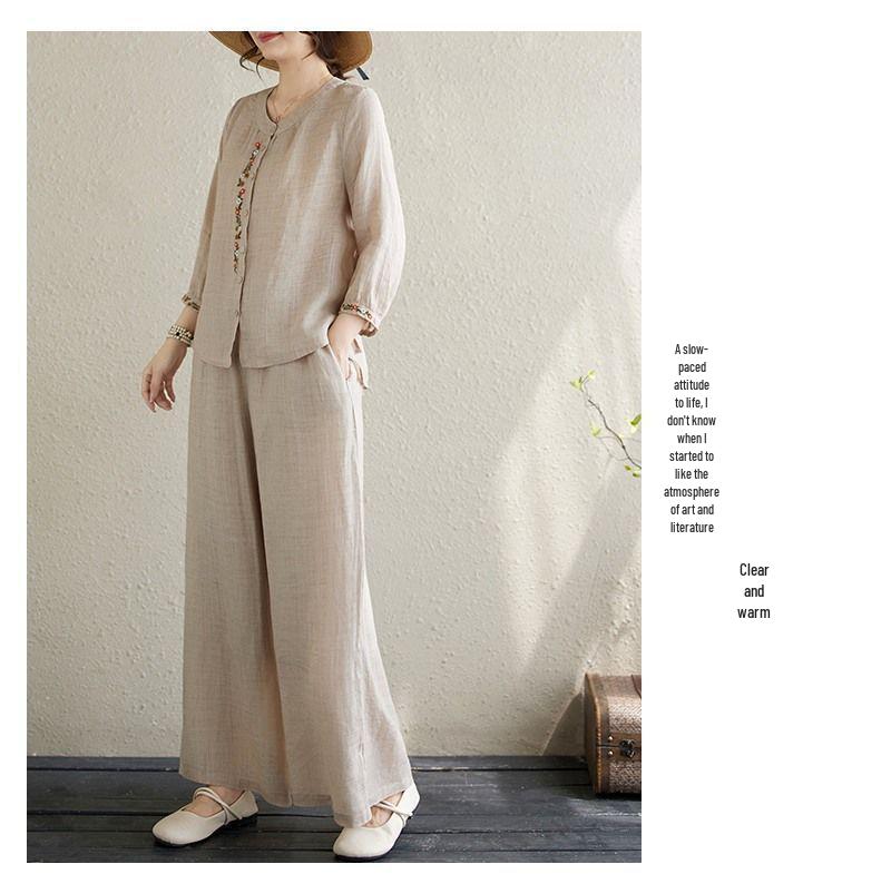 Spring/Summer Retro Chinese Embroidered Shirt & Loose Casual Pants Set