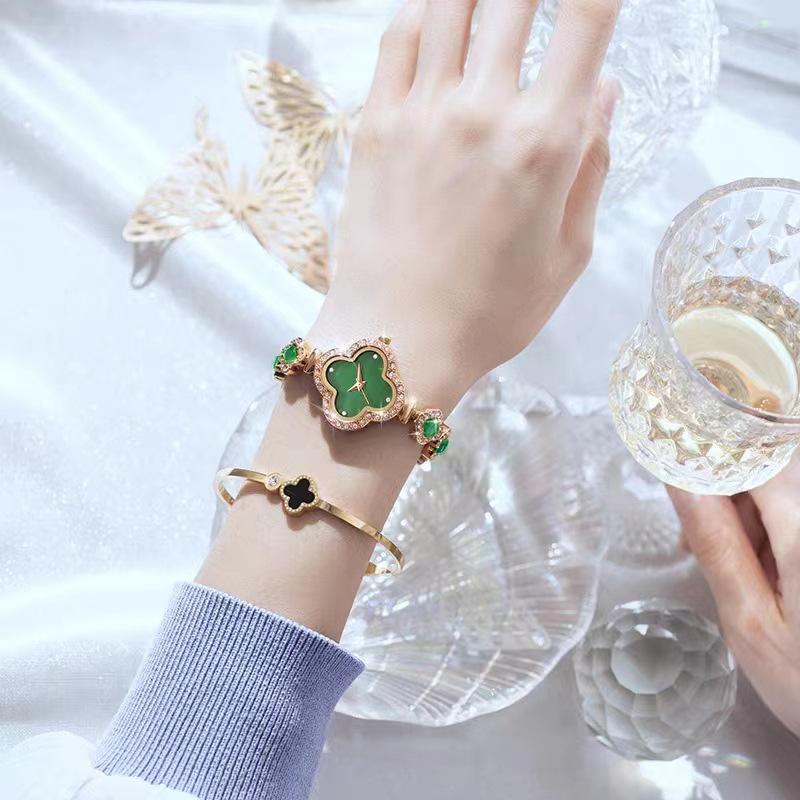Damklocka Dam Premium Damklocka Grön Klocka Kvarts Diamant Klöver Armbandsur