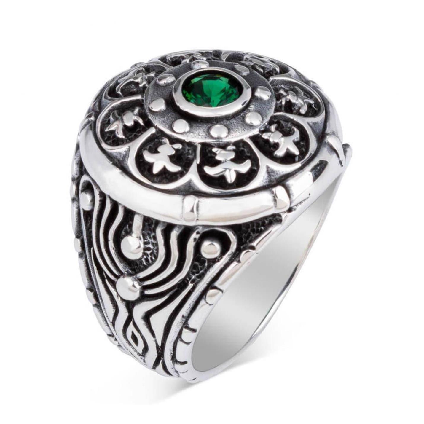 

Мужское кольцо из стерлингового серебра с зеленым мини-цирконом и цветочным узором