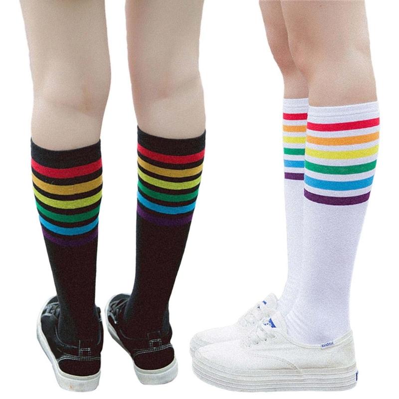 Women School JK Girls Cotton Over Calf Long Socks Japanese Style Rainbow Striped Student Uniform Casual Knee High Socks