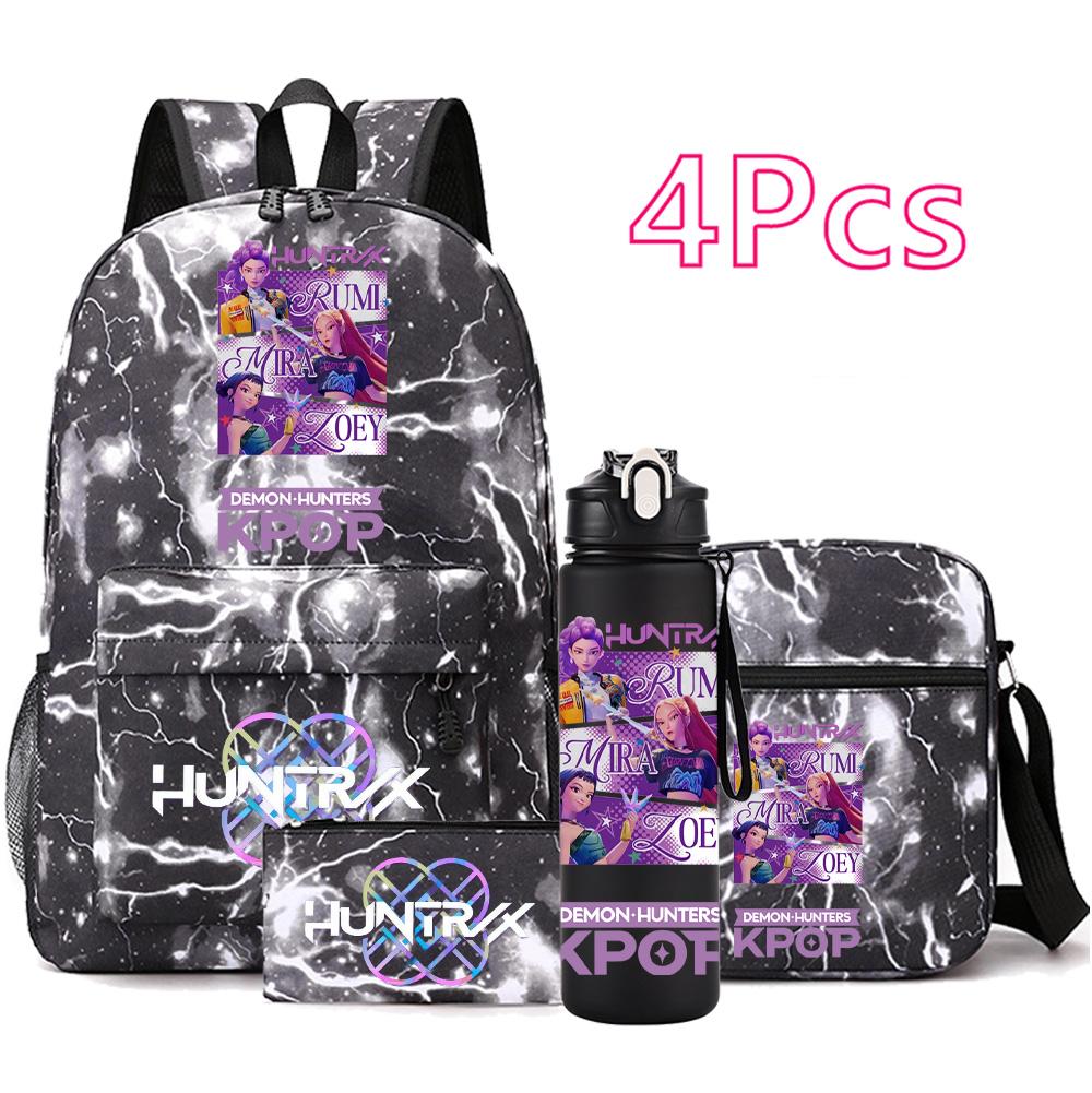 4-teiliges/Set Anime Niedlich K-Pop Bedruckter Rucksack mit 750 ml Wasserflasche für Teenager Schüler Mädchen Junge Schultasche Kindergeschenk Große Kapazität Reisetasche Mochila