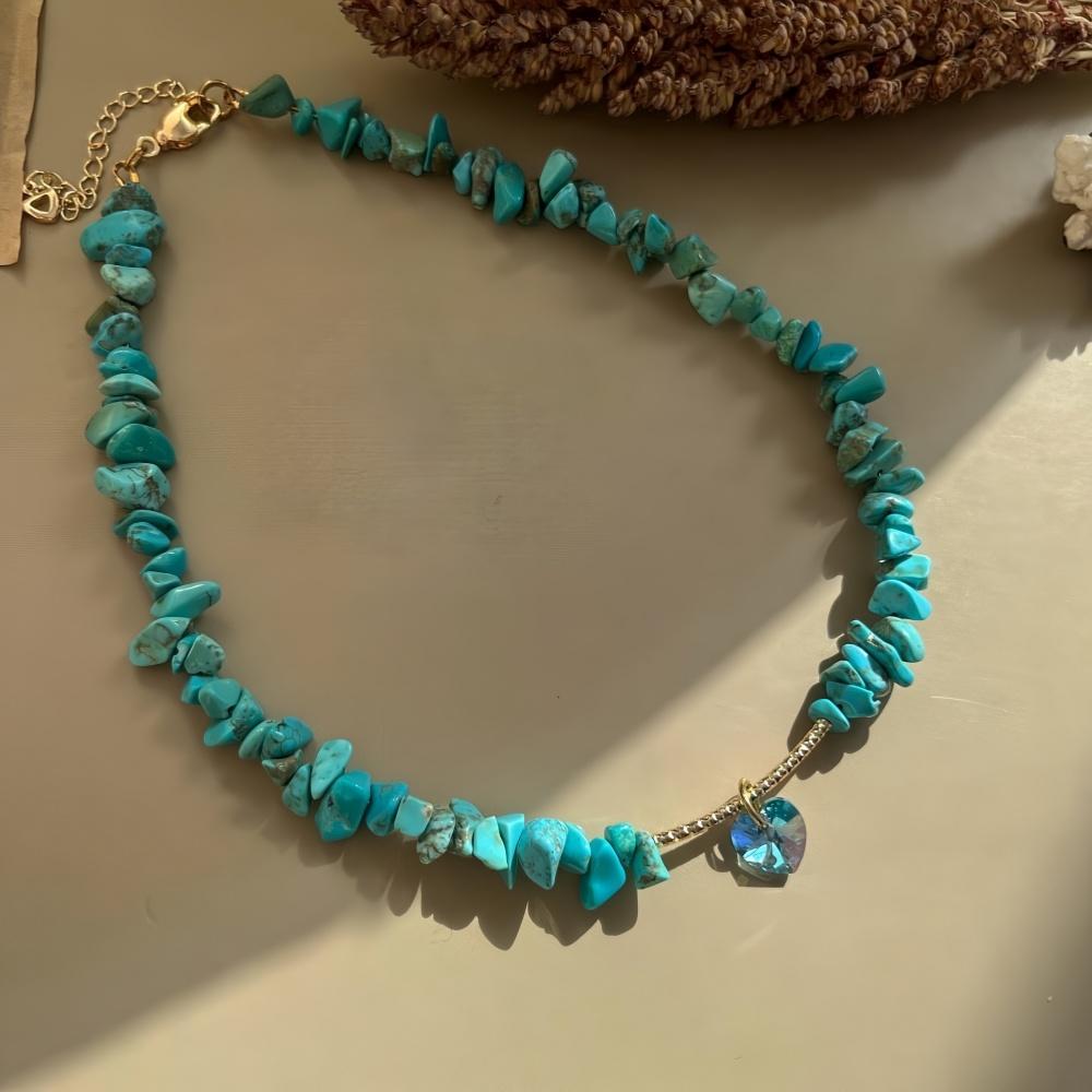 Boho Gravel Choker Blue Chip Turquois Pink Natural Stone Chips Necklaces For Women Heart Crystal Pendant Jewelry Gift For Women