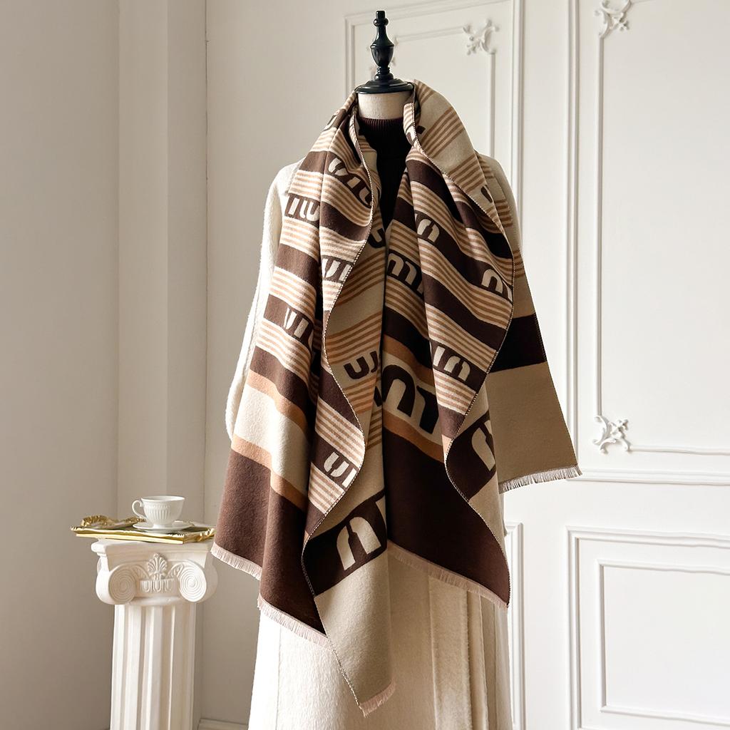 Elegant Striped Design Scarf Imitation Cashmere Soft Warm Versatile Shawl Coldproof Windproof Blanket Scarf For Autumn Winter