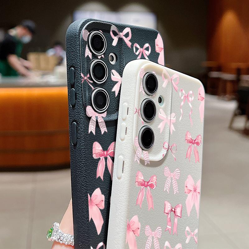 Stoßfeste schlanke Handyhülle mit rosa Schleifendruck für Samsung S25 S24 FE S23 Ultra S22 A56 A36 A16 A55 A26 A35 Ledertextur TPU Weiche matte Bumperabdeckung