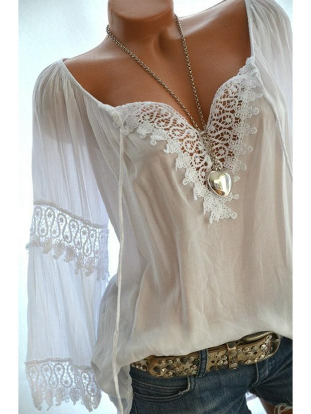 2024 Bestseller Off-the-Shoulder Cotton Linen Lace-Trim Long Sleeve Top