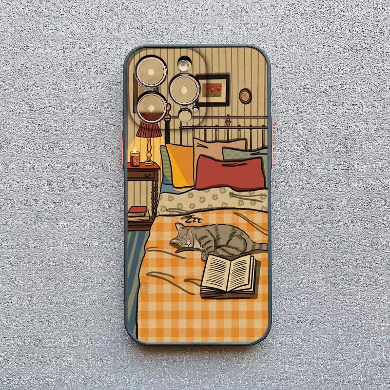 Retro Cartoon Cat Candlelight Illustration Phone Case For iPhone 17 Pro Max 16 15 Pro Plus 14 13 Mini 12 11 XR X 16E 17Air Cover