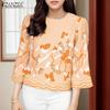 ZANZEA Women Casual Round Neck 3/4 Sleeve Loose Print Blouse