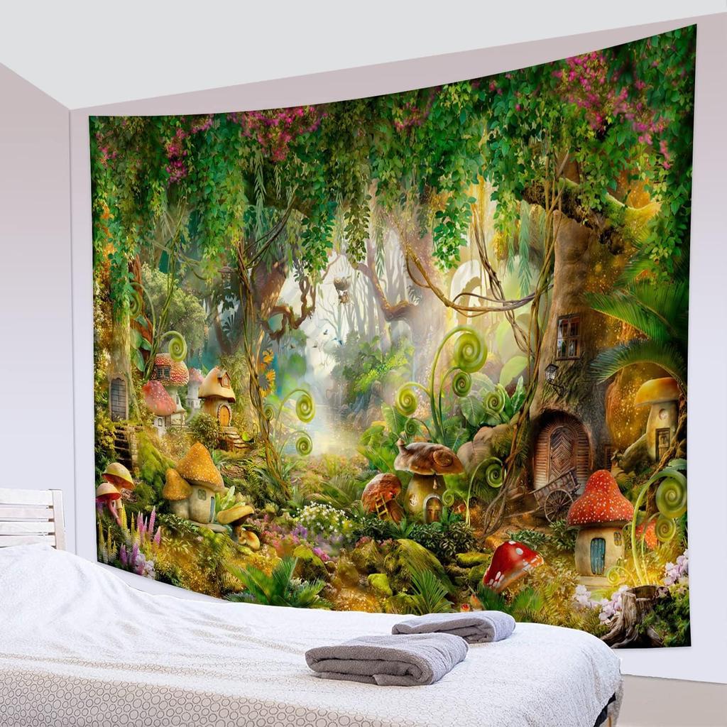 Fantasy Forest Tapestry Enchanted Mushroom Magical Tapestry Fairytale Wonderland Tree House Tapestries Wall Hanging Art For Kids