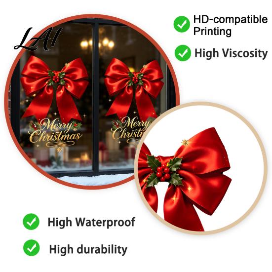 Party Window Decor Christmas Bow Sticker Red Static Cling Waterproof Holiday Glass Clings Removable PVC Decal for Home Windows Doors Decoration Easy