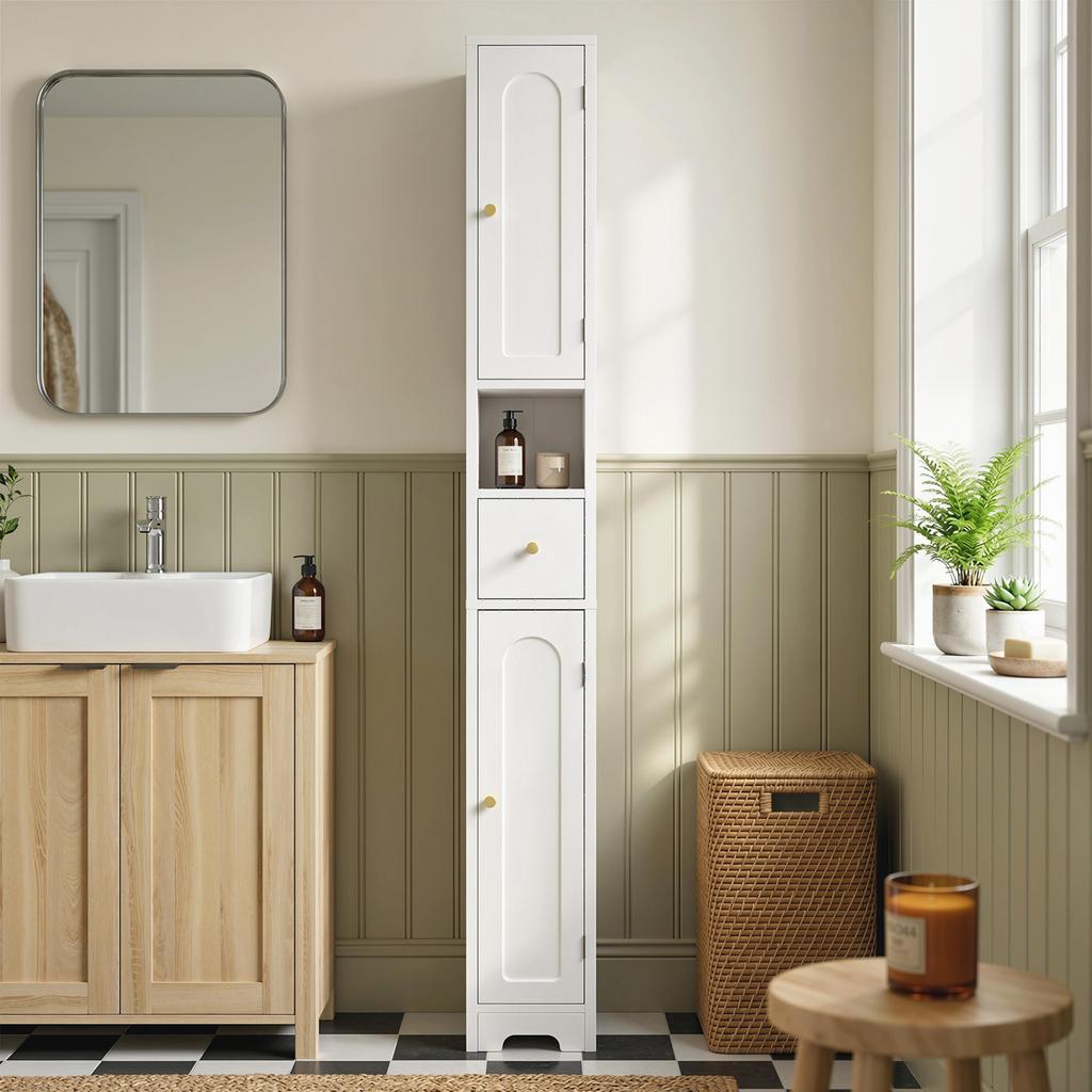 Bathroom Cabinet, Narrow Bathroom Cabinet with Drawer, Arched Doors, Open Shelf, Adjustable Shelf, 20x20x185 Cm, White