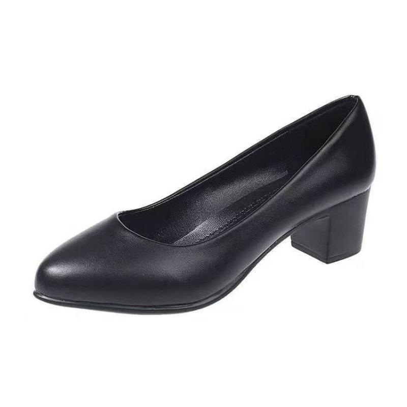 New Women's Chunky Heel Pointed-Toe Flats - Black Genuine Leather Mid-Heel Shoes | Lightweight Cushioned Sole