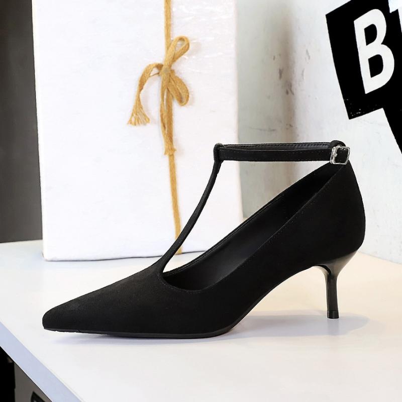French Style Pointed Toe High Heels Thin Heels Shallow Mouth Suede One-Line Buckle Mid-Heel Pedicure Single Shoes For Women