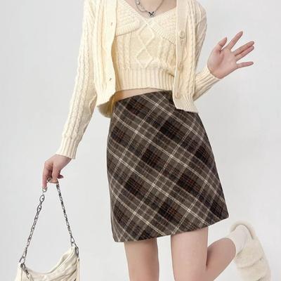 Women High Waist Wool Skirt Winter A Line Plaid Bodycon Mini Skirt Retro Fashion