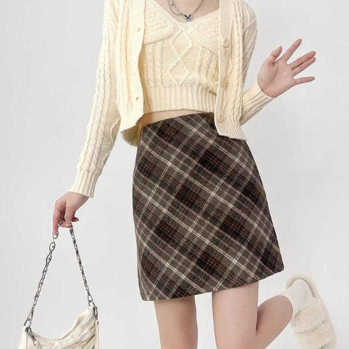 

Женская шерстяная юбка с высокой талией Зимняя А-силуэта Клетчатая Облегающая Мини-юбка Ретро Мода L кофейный