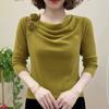 Women's Spring Fashion Tie Flowers Solid Pill Collar Long Sleeve Pullover Ruched Bright Silk Loose T-shirts Bottom Tops