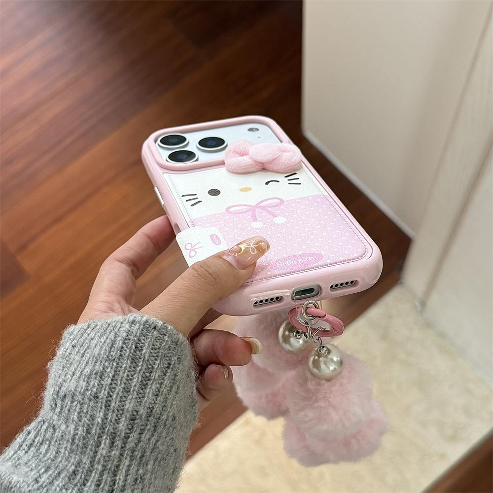 NEW Pink Candy Leather Cute Mini Sanrio Hello Kitty Case For iPhone 17 16 15 14 Pro Max Winter Warm Shockproof Wrist Strap Cover