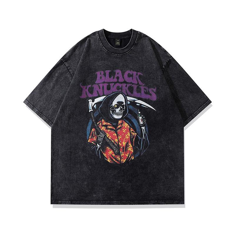 American High Street Vintage Retro Spoof Skull Washed Short-Sleeved T-Shirt Men'S Old Vintage Half-Sleeved Top