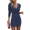 LYRIA Women's Sexy Mini Dresses Spring Autumn V-Neck Long Sleeved Slim Dress Solid Color Pleated Party Dress Vestidos Cortos