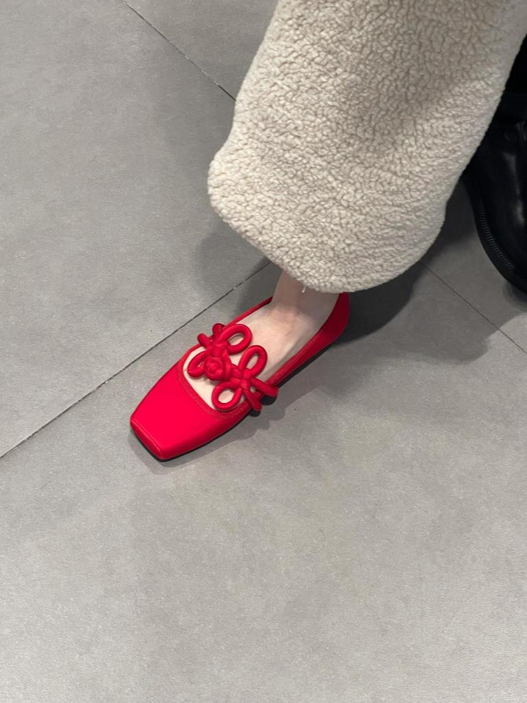 Schafslederversion~ Superweichsohlige Leder rote Mary Jane Einzelschuhe Damen Frühling neu Chinesischer Knoten flachsohlige Ballerinas Damenschuhe