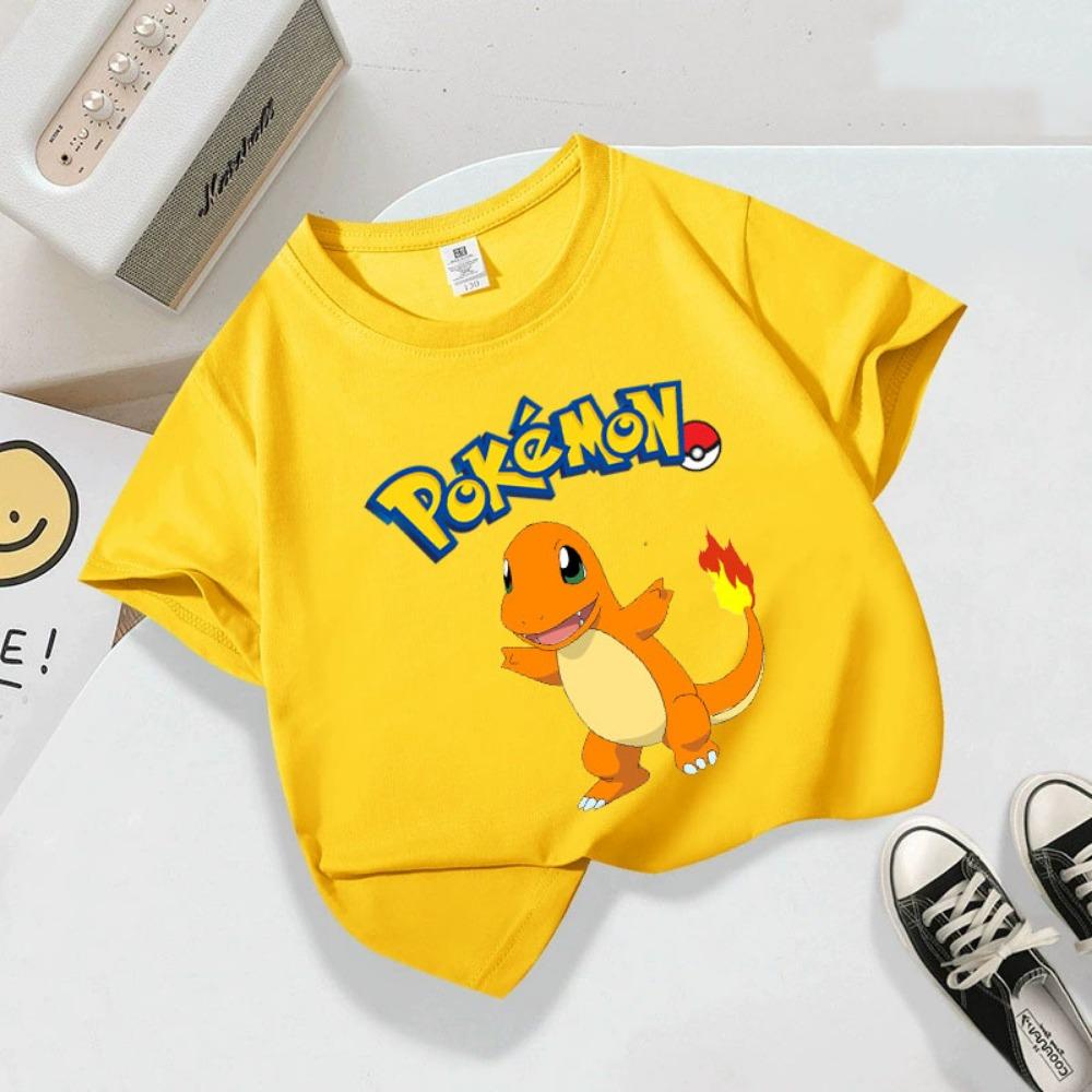 Summer children's playful Pikachu print  short-sleeved casual T-shirt for boys and girls, comfortable and soft.