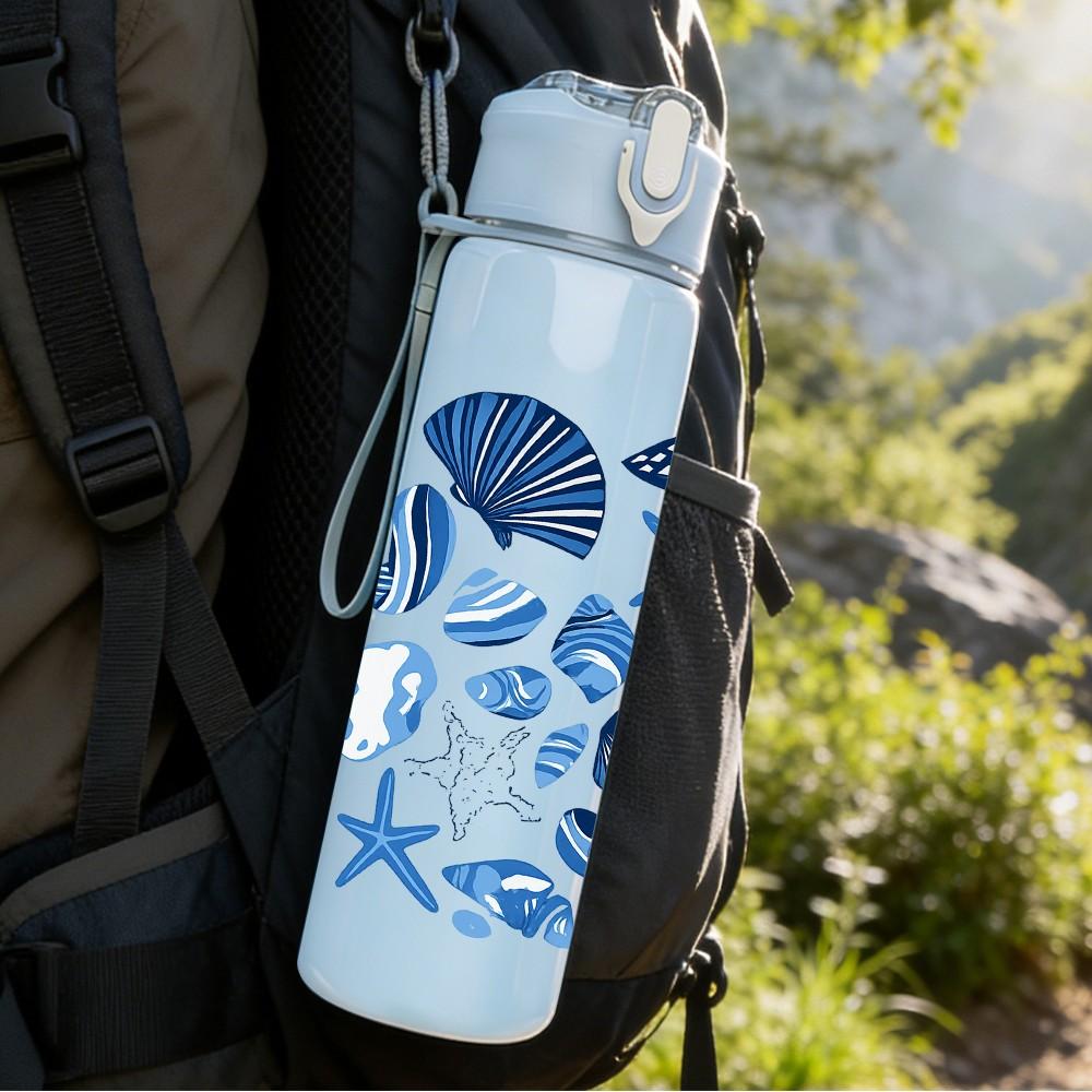 1PC Blue Seashell Starfish Pattern 750ml Color Plastic Sports Water Bottle Leakproof Flip Straw Lid Suitable for Sports Office Home Use